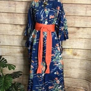 Vintage Authentic Silk Floral Kimono with Orange Sash